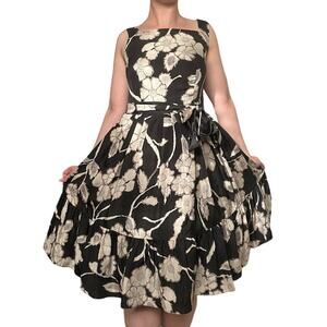 Vintage Mulberry Silk Sz 8 Jesire Black Cream Floral Midi Dress Square Neckline